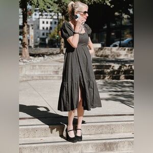 ASTR The Label Black Puff Sleeve Smocked Cotton Midi Dress